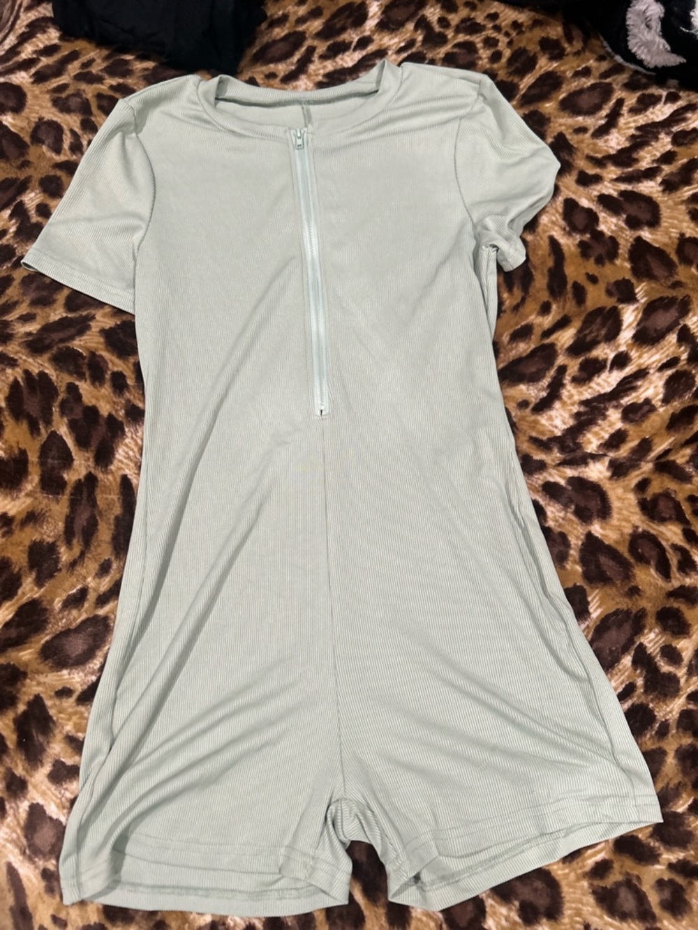 Light Sage Ribbed Short Romper with Front Zip